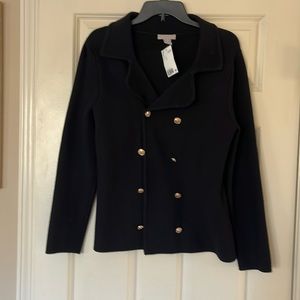 Women’s black cardigan sweater.